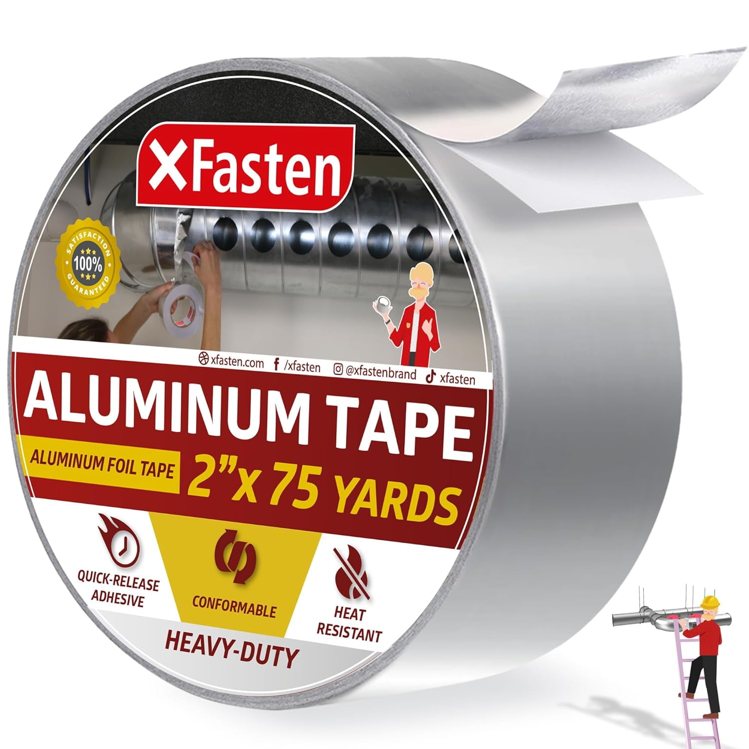 XFasten Heat Resistant Aluminum Foil Tape, 2" x 75 ft, 3.6 mil, HVAC Sealing