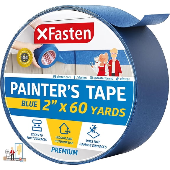 XFasten Blue Painters Tape, 2" x 60 Yards, Multi-Surface, Easy Removal