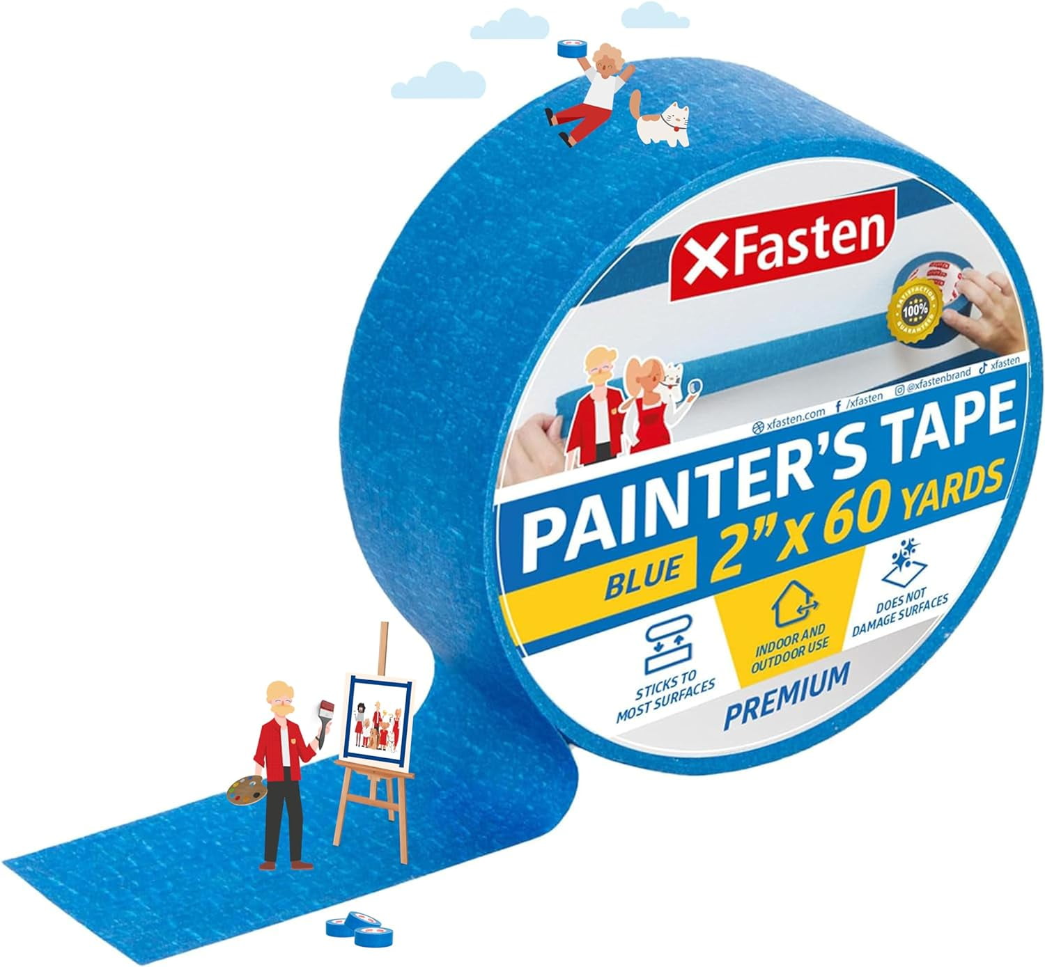 XFasten Blue Painters Tape, 2" x 60 Yards, Multi-Surface, Easy Removal