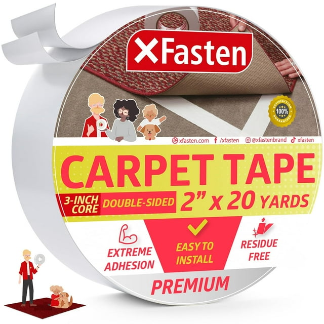 "XFasten Heavy Duty Double Sided Carpet Tape, White, 2"" x 20 Yards, 3Inch Core"