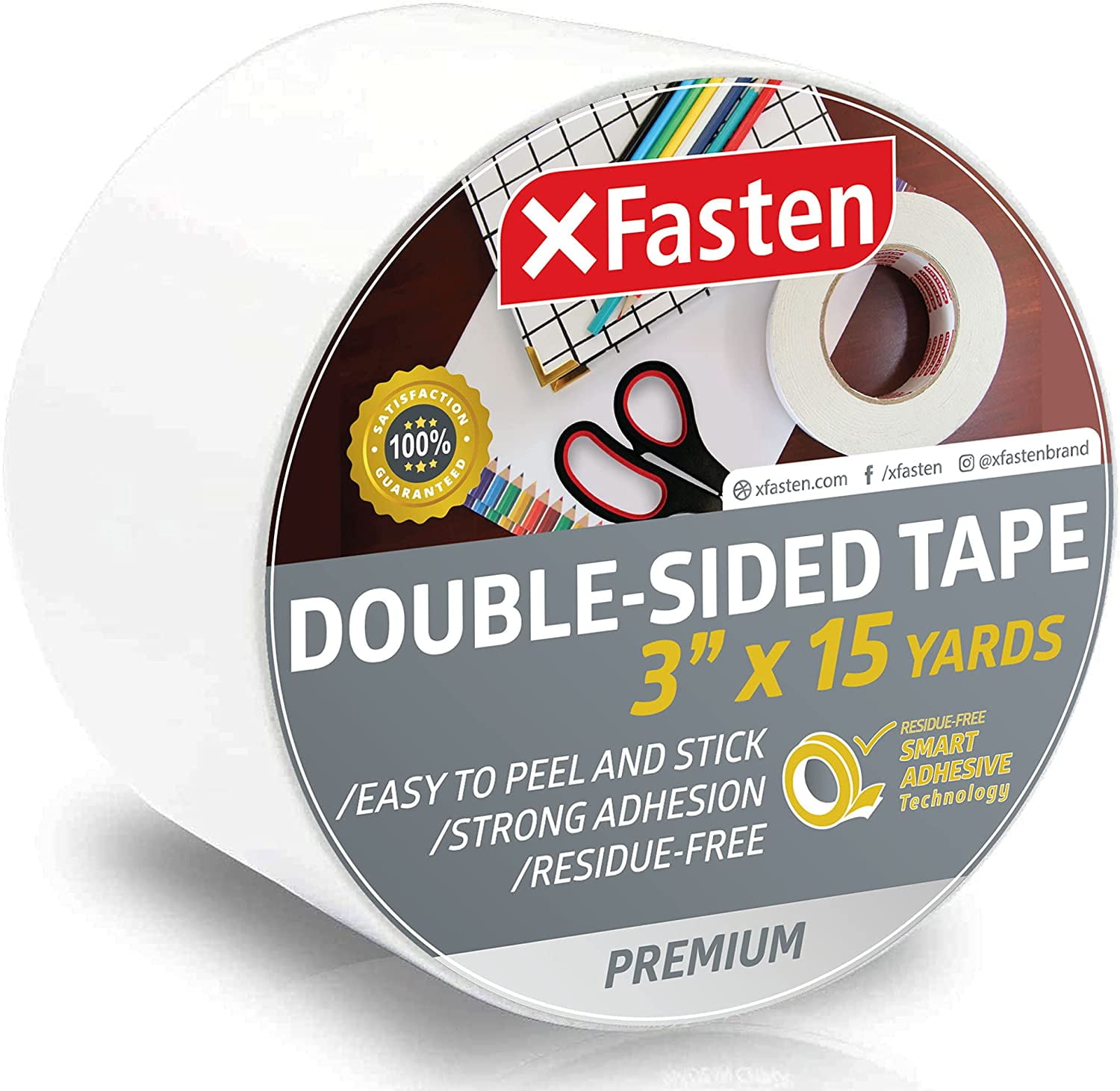 XFasten Double Sided Tape, Removable, 1.5-Inch by 15-Yards,  Single Roll, Double Sided Adhesive Tape for Arts and Crafts, Woodworking,  and Holding Down Carpets - Residue-Free : Office Products