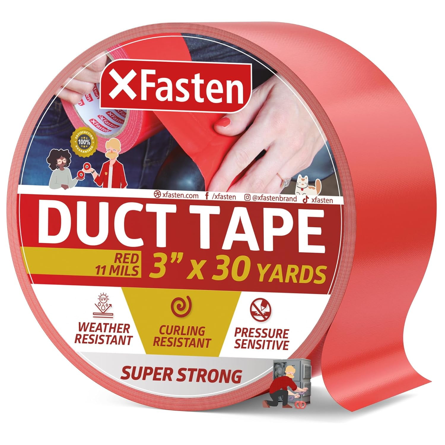 XFasten Duct Tape, Red, 3" x 30 Yards, Heavy Duty Cloth Tape