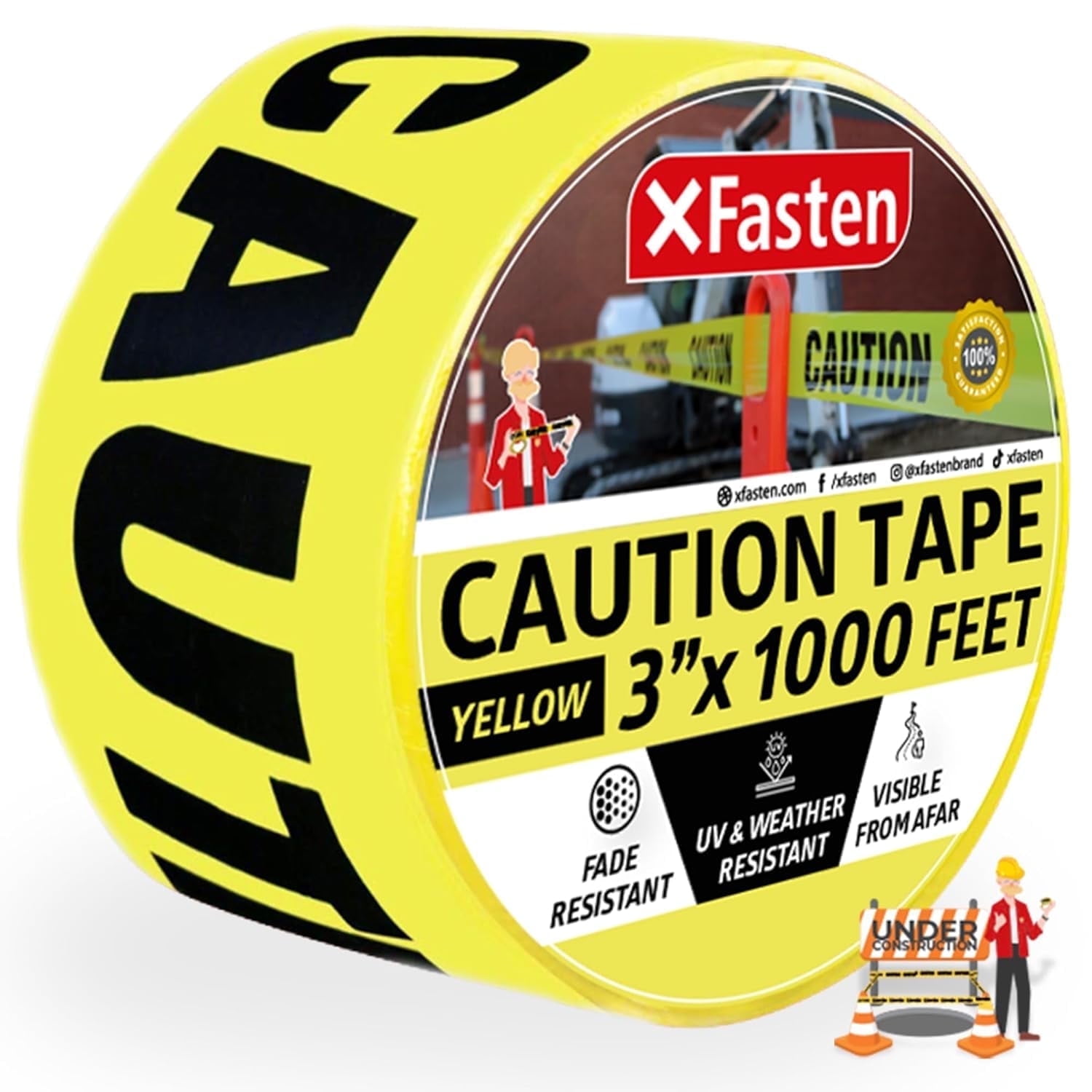 XFasten High Visibility Caution Tape, 3" x 1000 ft, Durable Safety Duct Tape