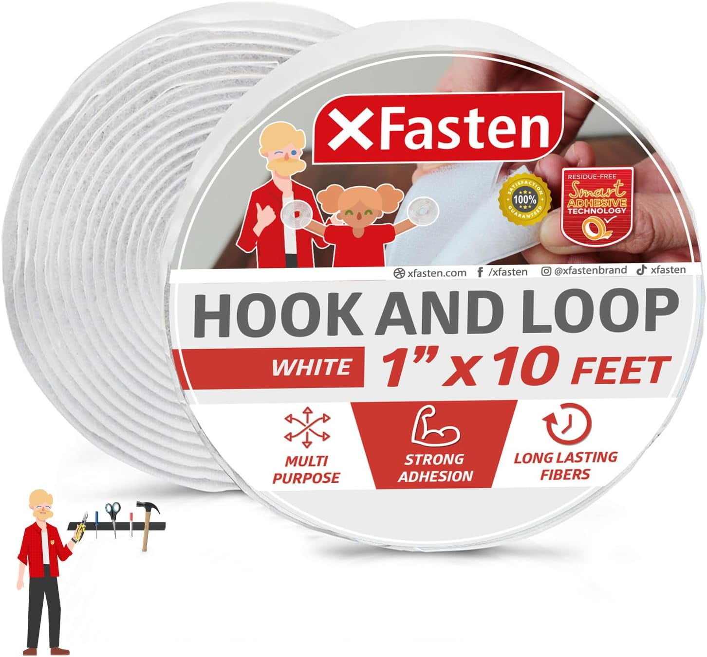 XFasten Hook and Loop Tape Self Adhesive 1 inch x 10 feet White Industrial Strength