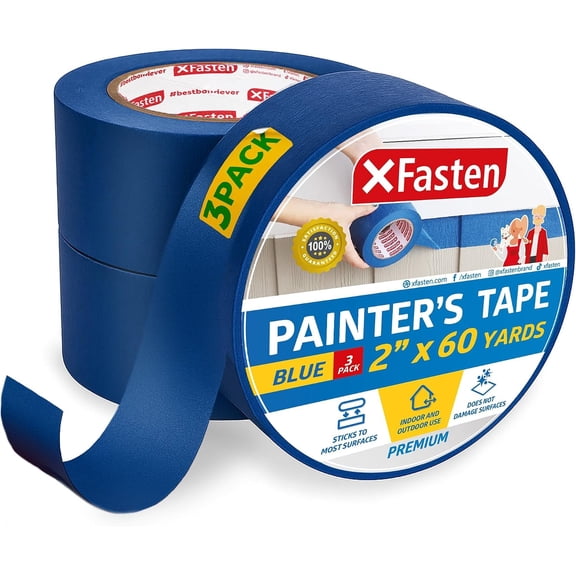 XFasten Professional Blue Painters Tape 2 Inch x 60 Yards (3-Pack)Masking Tape for Painting Walls and Canva , Residue-Free