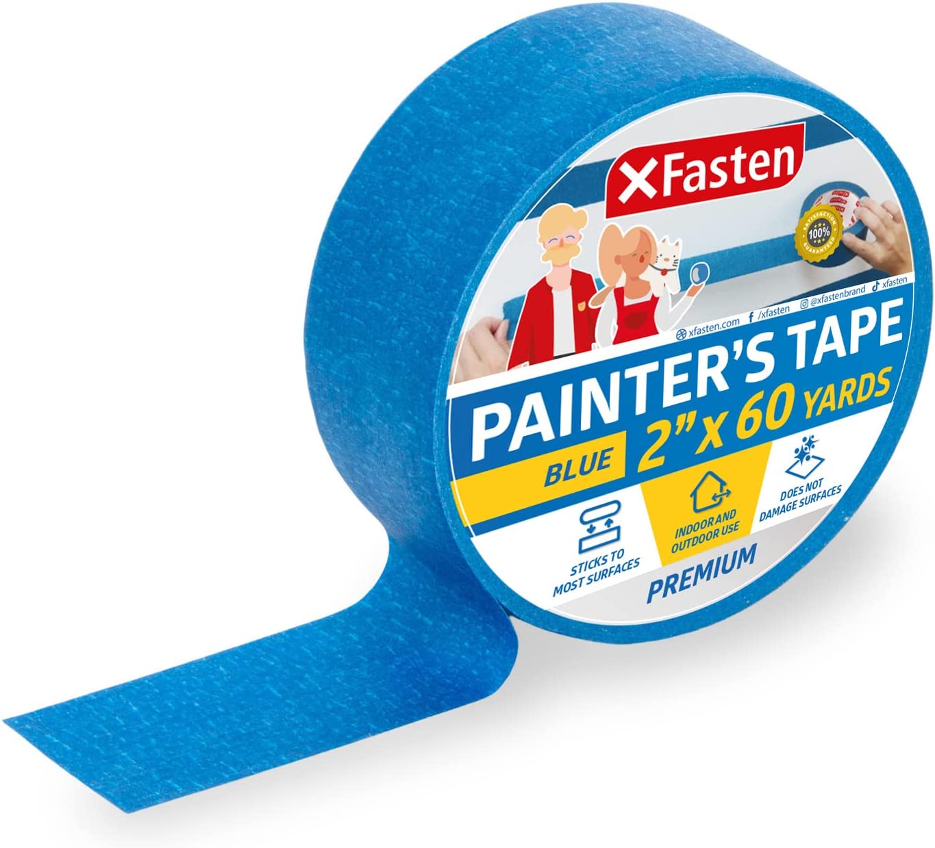 XFasten Professional Blue Painters Tape, Sharp Edge Line Technology, 2" by 60 Yards (Single Pack