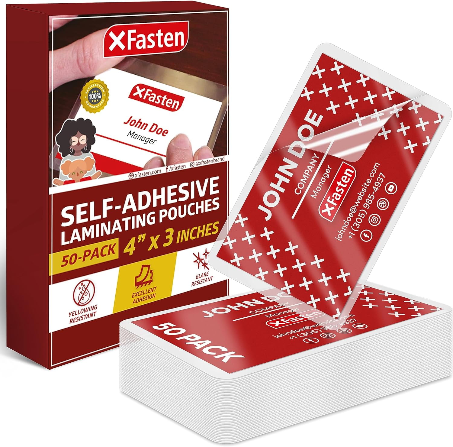 XFasten Self-Adhesive Laminating Pouches, 4" x 3", 50 Pack, Clear, Photo Size