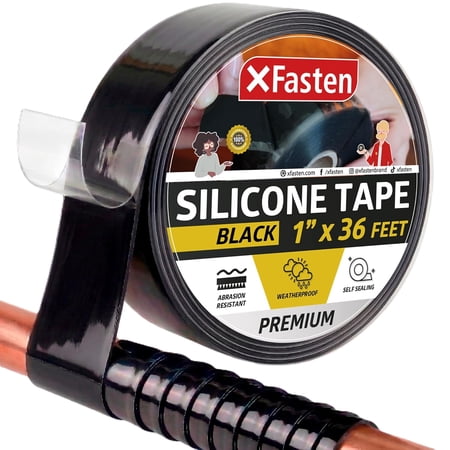 XFasten Self Fusing Silicone Tape Black 1" X 36-Foot, Silicone Tape for Plumbing, Leak Seal Tape Waterproof, Silicone Grip Tape, Rubber Tape Thick for Pipe, Hose Repair Tape, Stop Leak Tape