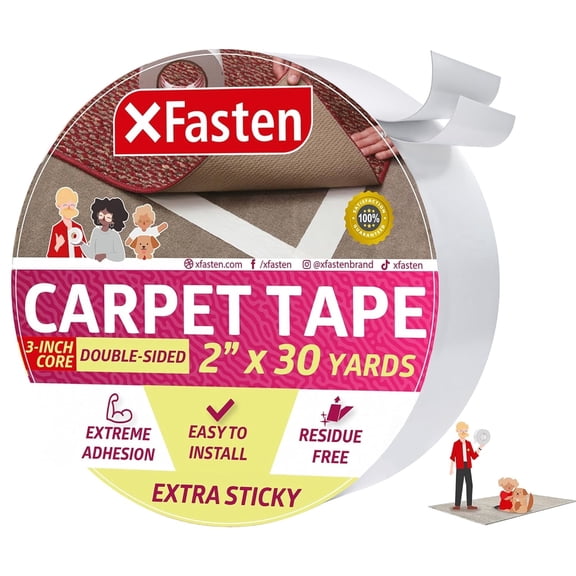 XFasten Sticky Carpet Tape, 2" x 30 Yards, 3-Inch Core, White