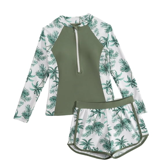 XFeng 2 Piece Long Sleeve Bathing Suit for Girls, Swimsuits Swim Shirt with Shorts Set,Army Green,13-14 Years