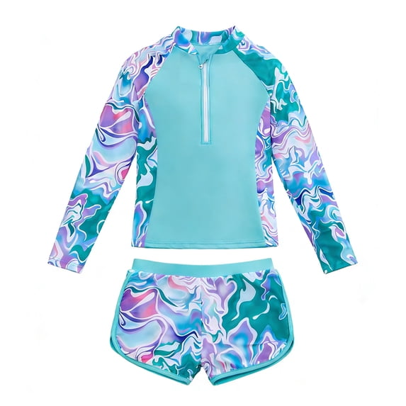 XFeng 2 Piece Long Sleeve Bathing Suit for Girls, Swimsuits Swim Shirt with Shorts Set,Mint Green,11-12 Years