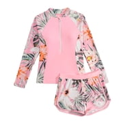 XFeng 2 Piece Long Sleeve Bathing Suit for Girls, Swimsuits Swim Shirt with Shorts Set,Pink,7-8 Years