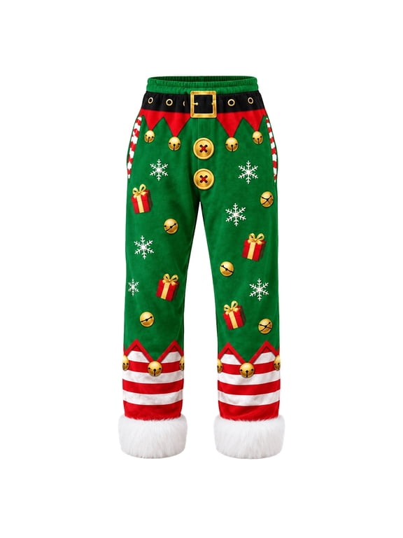 Adult Christmas Elf Pants, Green Printed Holiday Jogger Pants with White Fuzzy