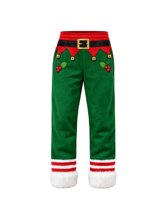 Adult Christmas Elf Pants, Green Printed Holiday Jogger Pants with White Fuzzy