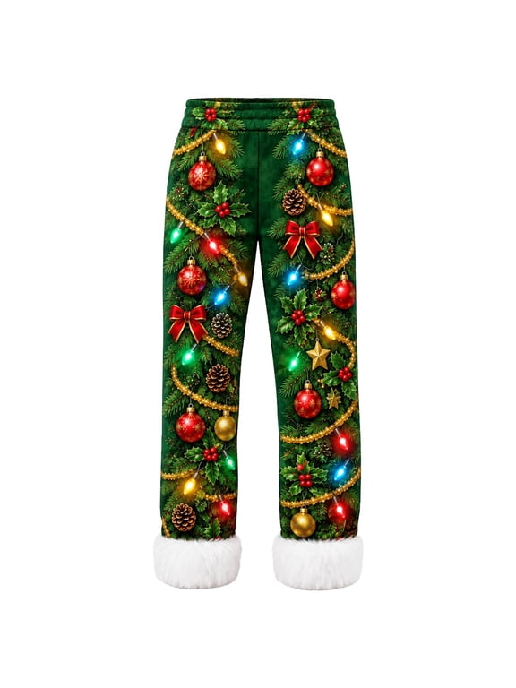 Adult Christmas Elf Pants, Green Printed Holiday Jogger Pants with White Fuzzy Cuffs