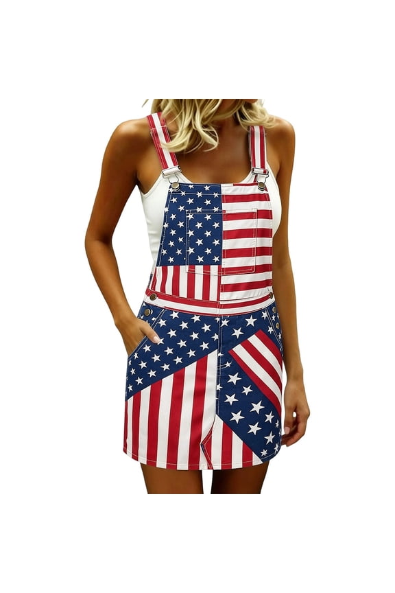 American Flag Overalls Women 37Th Of July Outfits Pride Usa Red White And Blue Patriotic Romper Denim Bibs Plus Size Strap Dress ,E,XXL