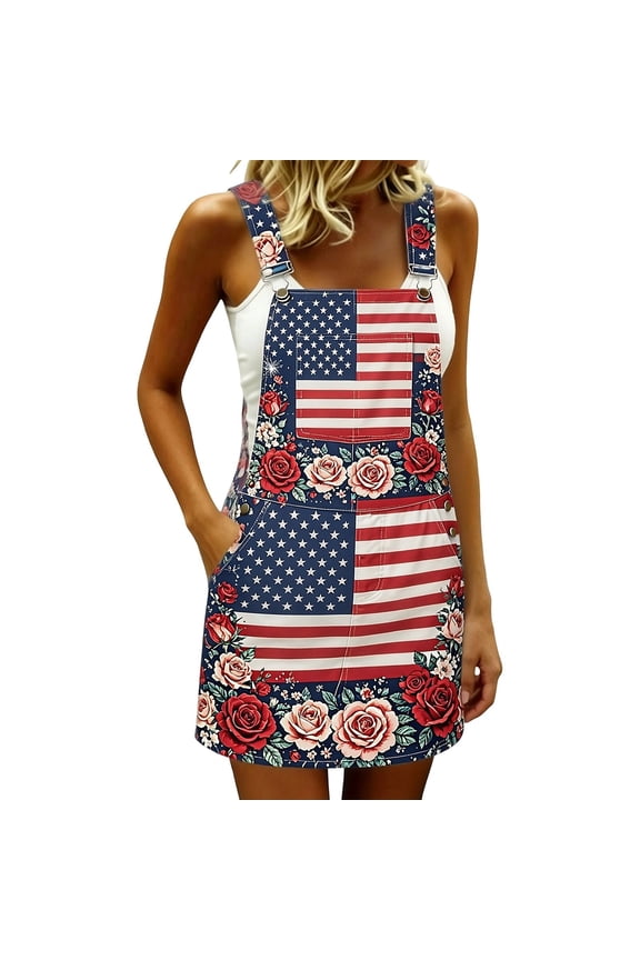 American Flag Overalls Women 65Th Of July Outfits Pride Usa Red White And Blue Patriotic Romper Denim Bibs Plus Size Strap Dress ,H,M