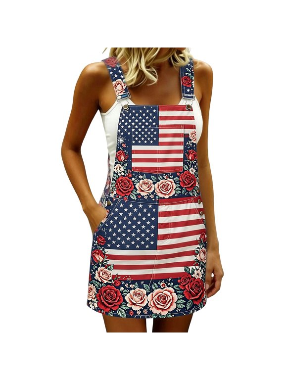 American Flag Overalls Women 65Th Of July Outfits Pride Usa Red White And Blue Patriotic Romper Denim Bibs Plus Size Strap Dress ,H,M