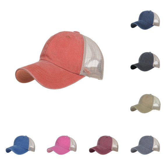 XFeng Blank Vintage Washed Mesh Trucker Hat, Dark Gray Front Khaki Mesh Back Adjustable Plain Baseball Cap