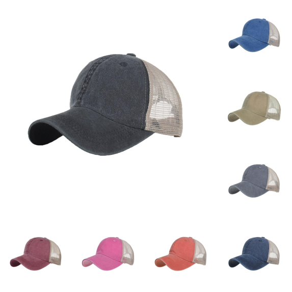 XFeng Blank Vintage Washed Mesh Trucker Hat, Dark Gray Front Khaki Mesh Back Adjustable Plain Baseball Cap