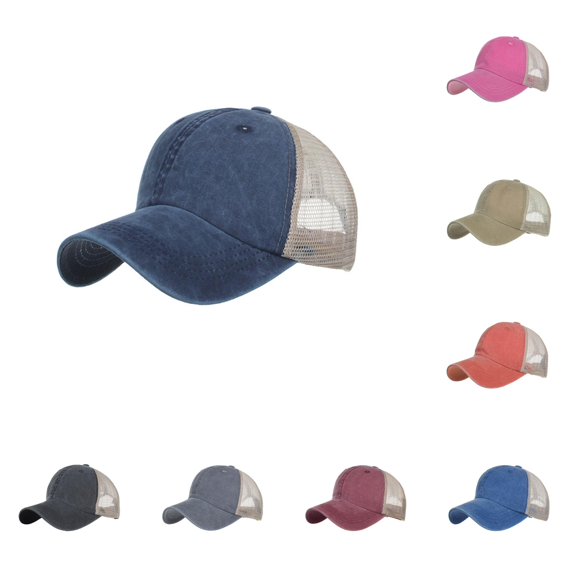 XFeng Blank Vintage Washed Mesh Trucker Hat, Dark Gray Front Khaki Mesh Back Adjustable Plain Baseball Cap