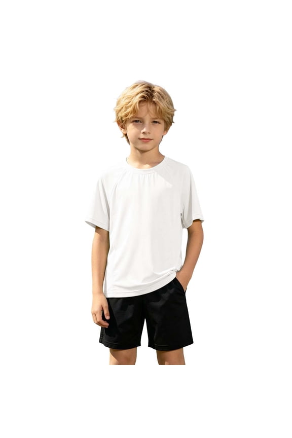 Boy's UPF 50 Rash Guard Swim Shirts Short Sleeve Sun Protection SPF Fishing Surfing Water Beach Shirts Quick Dry,White,15-16 Years