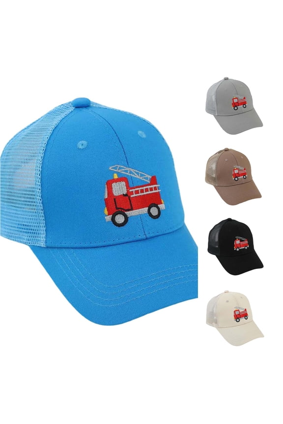 Cartoon Fire Truck Embroidery Trucker Hat, Black Cotton Front Mesh Back Kids Adjustable Casual Baseball Cap