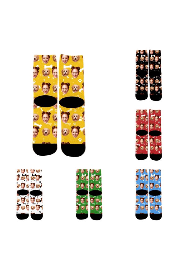 XFeng Custom Face Crew Socks, Personalized Human & Dog Face Bone Paw Print Novelty Mid Calf Socks Black Background