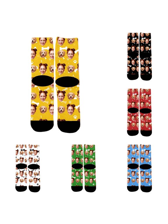 XFeng Custom Face Crew Socks, Personalized Human & Dog Face Bone Paw Print Novelty Mid Calf Socks Black Background