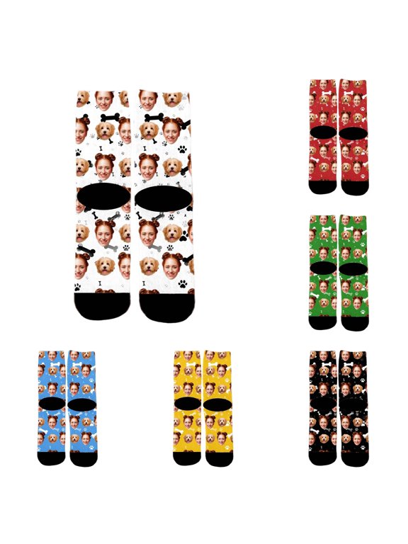 XFeng Custom Face Crew Socks, Personalized Human & Dog Face Bone Paw Print Novelty Mid Calf Socks Black Background