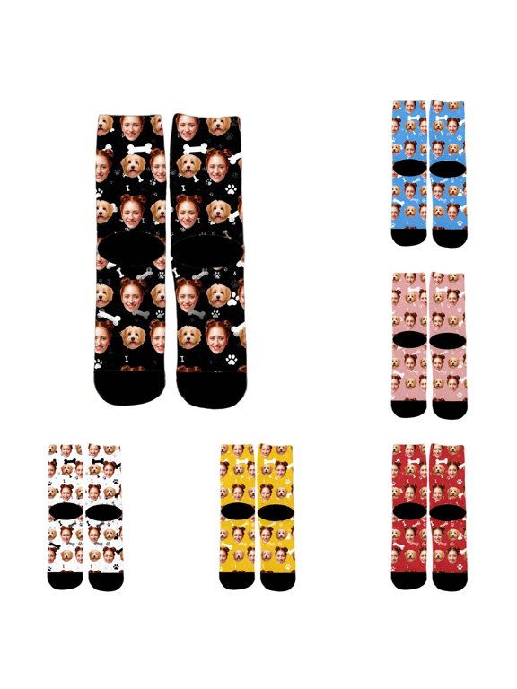 XFeng Custom Face Crew Socks, Personalized Human & Dog Face Bone Paw Print Novelty Mid Calf Socks Black Background