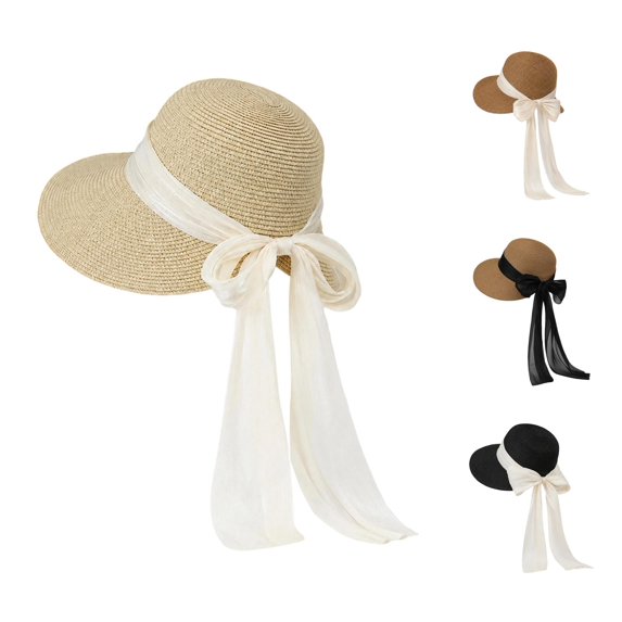 XFeng Floppy Straw Sun Hat Women Chiffon Bow Beach Straw Hat
