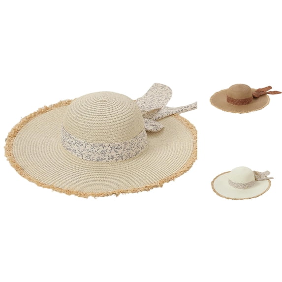 XFeng Fringed Straw Sun Hat Floral Bow Wide Brim Beach Hat