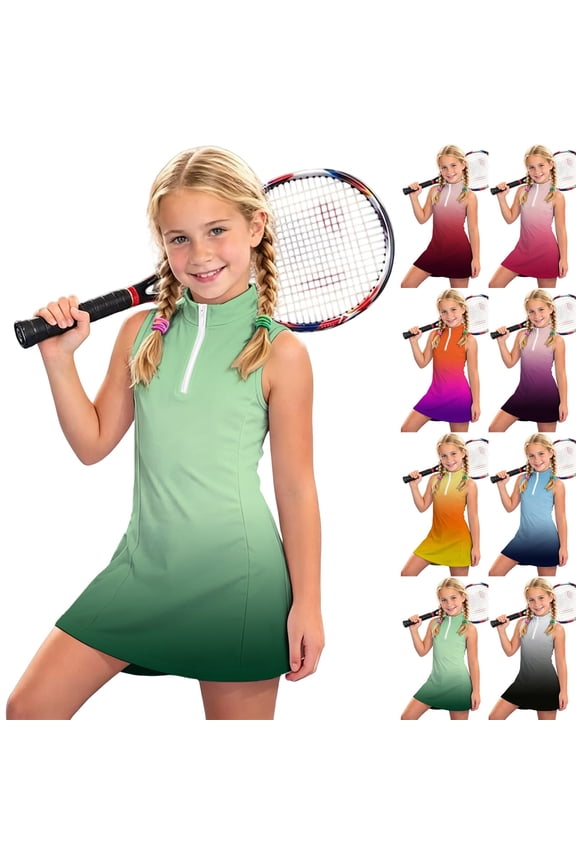 Girl's Quarter Zip Up Tennis Dresses Summer Gradient Sleeveless A-Line Golf Dress with Pockets Outdoor Athletic Mini Dress,Light Green,5Y
