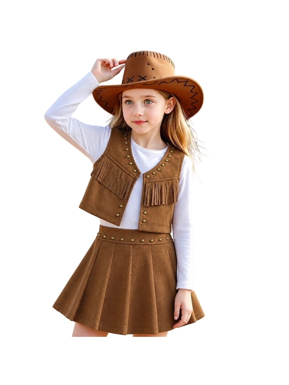 .Girls 3 Piece Western Outfit Set, Long Sleeve Shirt + Sleeveless Vest + Pleated Skirt Kids Cowboy Matching Clothes.Coffee.120