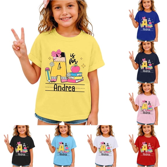 XFeng Girls Crew Neck Short Sleeve T-Shirt, Custom Initial Name School Book Pencil Graphic Casual Back To School Kid Tee