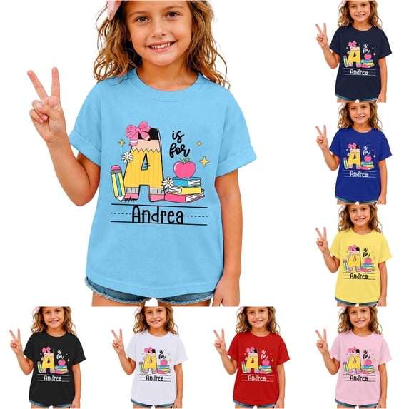 XFeng Girls Crew Neck Short Sleeve T-Shirt, Custom Initial Name School Book Pencil Graphic Casual Back To School Kid Tee