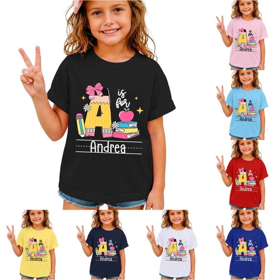 XFeng Girls Crew Neck Short Sleeve T-Shirt, Custom Initial Name School Book Pencil Graphic Casual Back To School Kid Tee