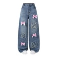 thumbnail image 1 of XFeng Girls Light Wash Wide Leg Jeans Elastic Waist Pink Bow Love You Embroidery Baggy Denim Pants Back To School, 1 of 8