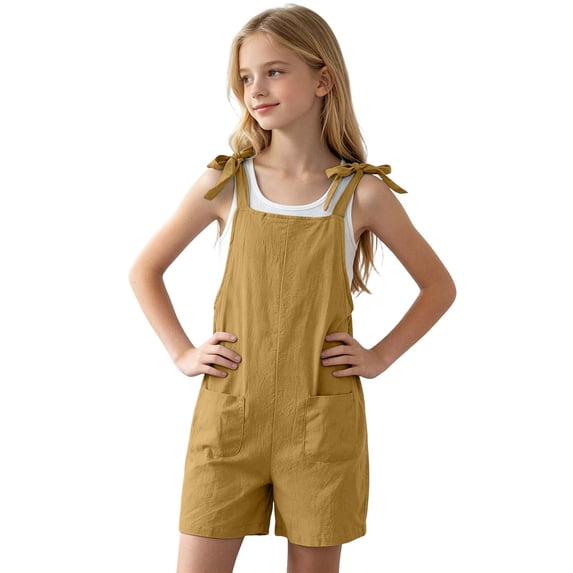 XFeng Girls Romper Sleeveless Adjustable Tie-Up Strap Short Jumpsuits Summer Clothes with Pocket 5-17 years,Gold,13-14 Years