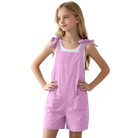 XFeng Girls Romper Sleeveless Adjustable Tie-Up Strap Short Jumpsuits Summer Clothes with Pocket 5-17 years,Purple,6-7 Years