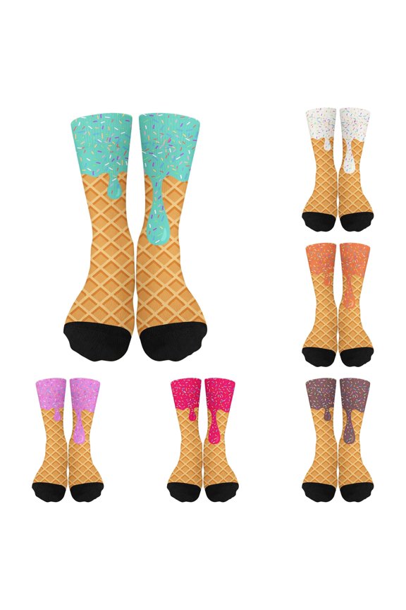 Ice Cream Waffle Cone Sprinkles Print Crew Crew Socks, Funny Novelty Colorful Food Pattern Mid Calf Socks For Men Women