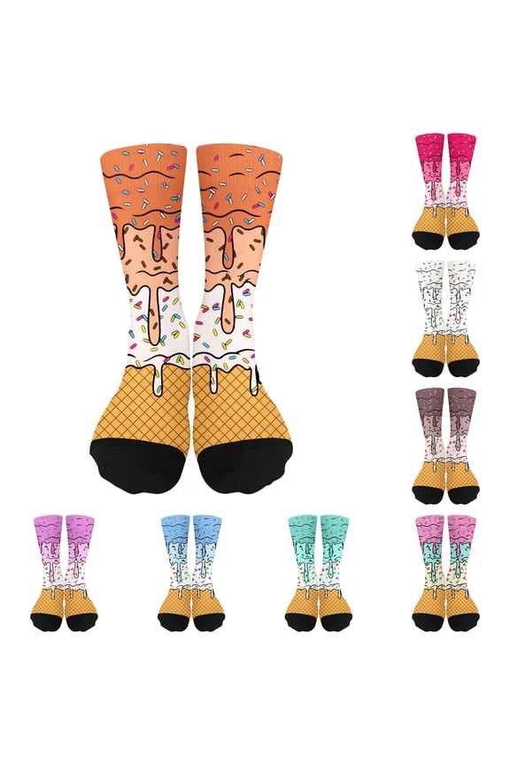 Ice Cream Waffle Cone Sprinkles Print Crew Crew Socks, Funny Novelty Colorful Food Pattern Mid Calf Socks For Men Women