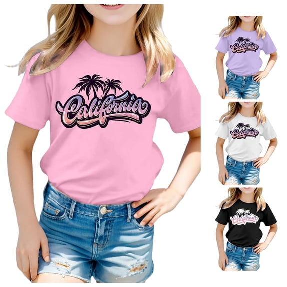 XFeng Kids Florida Palm Tree Graphic T-Shirt, Gradient Letter Coconut Tree Short Sleeve Casual Tee