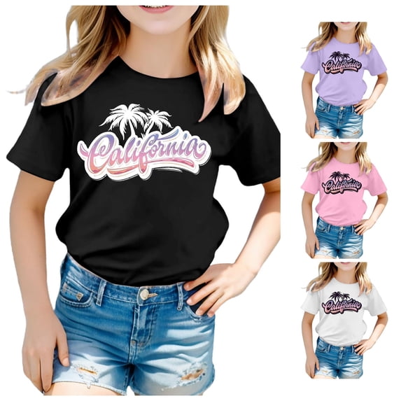 XFeng Kids Florida Palm Tree Graphic T-Shirt, Gradient Letter Coconut Tree Short Sleeve Casual Tee