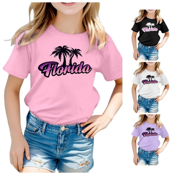 XFeng Kids Florida Palm Tree Graphic T-Shirt, Gradient Letter Coconut Tree Short Sleeve Casual Tee