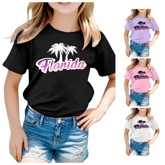 XFeng Kids Florida Palm Tree Graphic T-Shirt, Gradient Letter Coconut Tree Short Sleeve Casual Tee