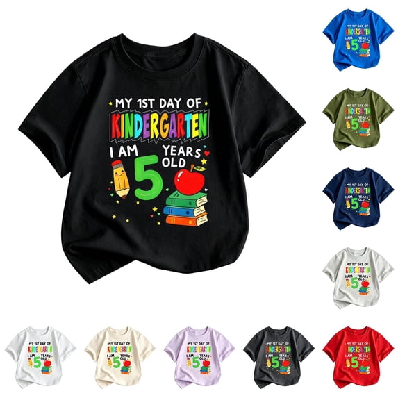 XFeng Kids My 1st Day Of Kindergarten T-Shirt, 5 Years Old Pencil Apple Book Graphic Short Sleeve Crew Neck Tee