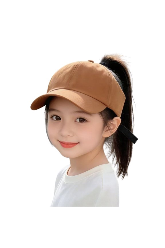 ,Kids Outdoor Casual Half Dome Visor Hat Solid Color Curved Brim Ponytail Cap,Coffee,One Size