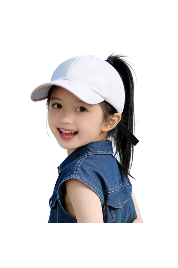 ,Kids Outdoor Casual Half Dome Visor Hat Solid Color Curved Brim Ponytail Cap,White,One Size